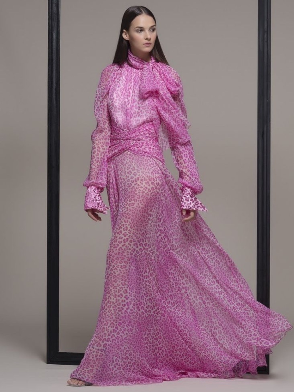 Isabel Sanchis High Neck Draped Leopard Print Gown Size 6 NWT Pink